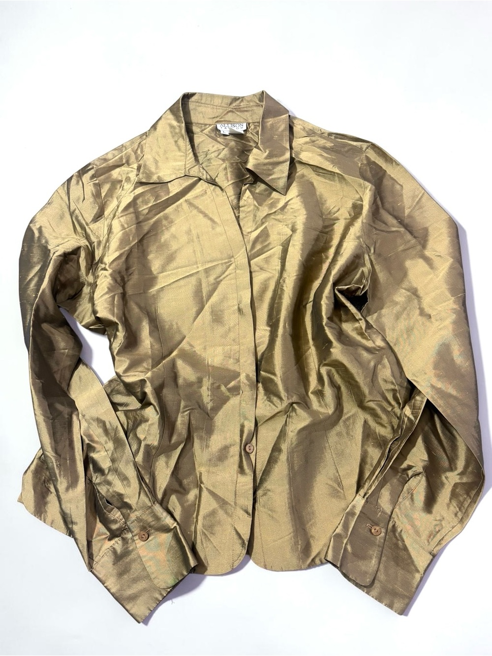 Vintage Bronze Gold 100% Silk Button Up Blouse Allison Taylor Y2K Noughties L